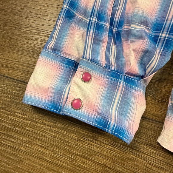 Wrangler Western Blue Plaid Pearl Button Breast Cancer Awareness Shirt Sz L - Picture 8 of 12